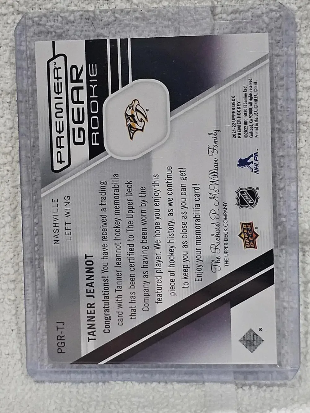 2020-21 Upper Deck Premier Gear Rookie Jersey Tanner Jeannot #PGR-TJ - Predators